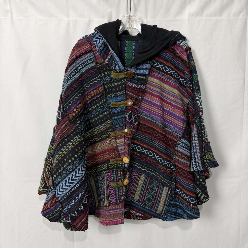 Boho Patchwork Hooded Poncho Button Up Jacket Hippie OS Festival